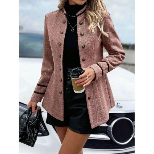 Kadın Uzun Kollu Hakim Yaka Düğme Detaylı Mini Dokuma Ceket