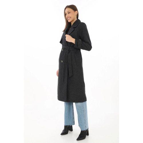 Premium Kaşe Kaban Uzun Boy, Balık Sırtı Yünlü Kaşmir Dokuma, Kruvaze Kuşaklı Astarlı - Siyah