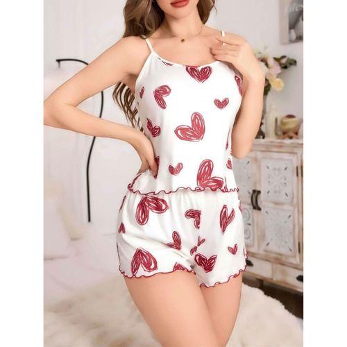Kadın Beyaz Kalp Desenli Şortlu Gecelik Pijama Takımı Sevimli Rahat 2’li Set