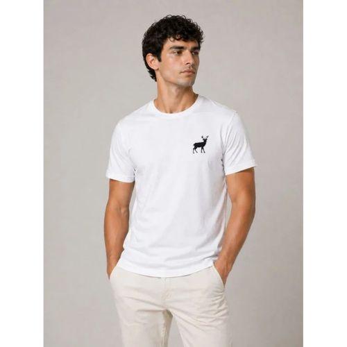 Erkek Minimal Geyik Logolu Tişört Bisiklet Yaka Kısa Kol Yazlık T-Shirt - Beyaz
