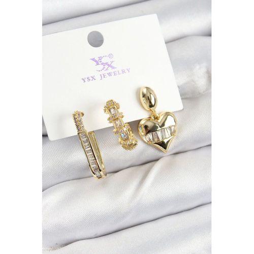 Pirinç Zİrkon Taşlı Kalp Model Gold Renk 3'lü Kadın Küpe