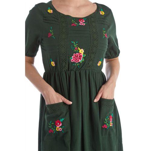 Kısa Kol Yeşil Şile Bezi Midi Boy Yazlık Elbise