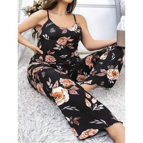 Büyük Beden Siyah Üstüne Çiçek Desenli İnce Askılı 2'li Pijama Takımı