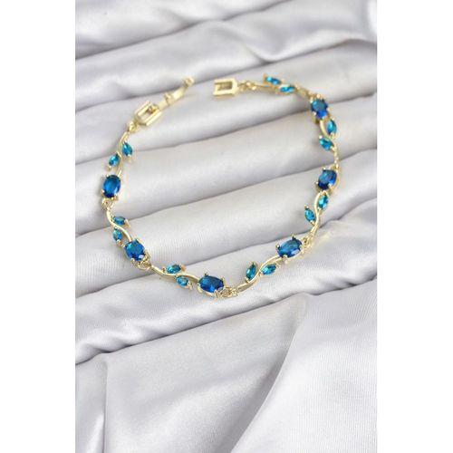 Pirinç Gold Renk Mavi Zirkon Taşlı Çiçek Model Kadın Bileklik