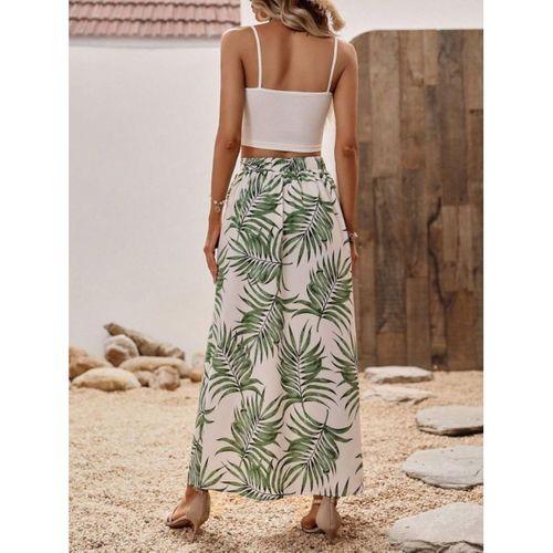 Kadın Ip Askılı Yuvarlak Yaka Kısa Viskon Bluz Ve Desenli Yırtmaçlı Süprem Etek Ikili Takım