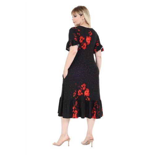 Melsay Butik Kolları ve Eteği Fırfırlı Kırmızı Puanlı Gelincik Desen Cepli Kadın Elbise