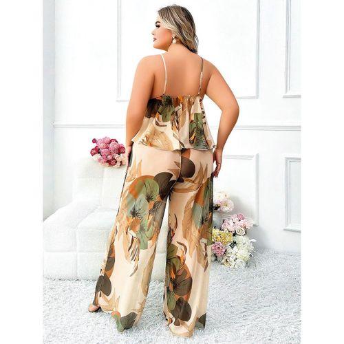 Özel Tasarım Büyük Beden Çiçek Desenli İnce Askılı 2'li Pijama Takımı