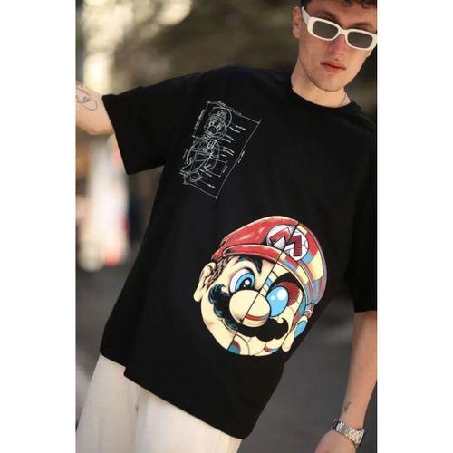 Erkek Mario Baskılı Oversize T-Shirt - Siyah