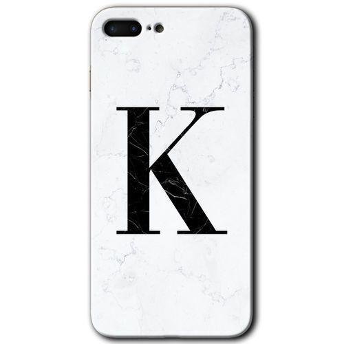 iPhone 8 Plus Kılıf Baskılı Kapak - Beyaz Mermer Desenli K Harfi +Tam Kaplayan Mat Seramik