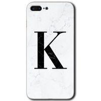 iPhone 8 Plus Kılıf Baskılı Kapak - Beyaz Mermer Desenli K Harfi +Tam Kaplayan Mat Seramik