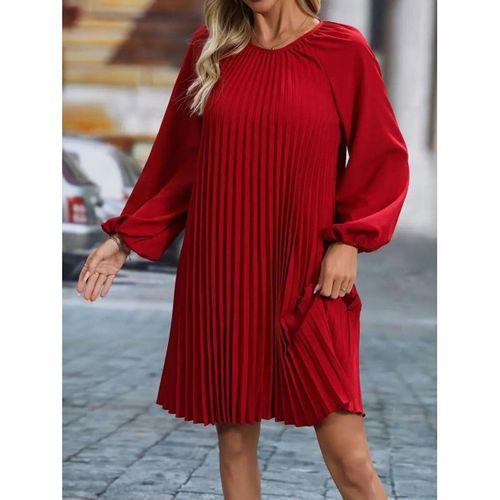 Kadın Uzun Kollu Yuvarlak Yaka Pileli Salaş Mini Ithal Krep Elbise