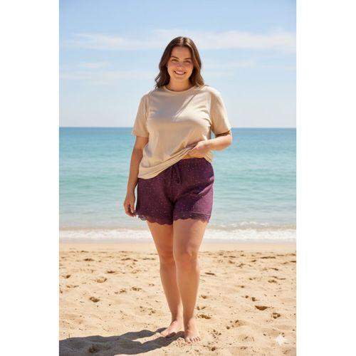 Düz Renk Mini Çiçek Desenli Penye Kadın Ev Şortu Bacak Dantel Detaylı Ev Giyim Gül Kurusu