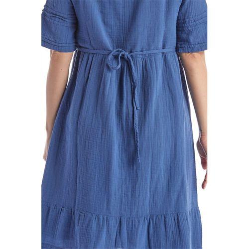 Kısa Kol İndigo Kare Yaka Cep Detaylı Midi Boy Müslin Yazlık Elbise