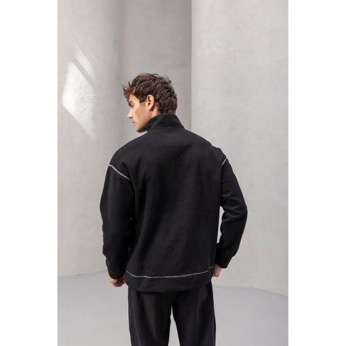 Crowe Çizgi Şeritli Oversize Yarım Fermuar Polar Erkek Sweatshirt - Siyah