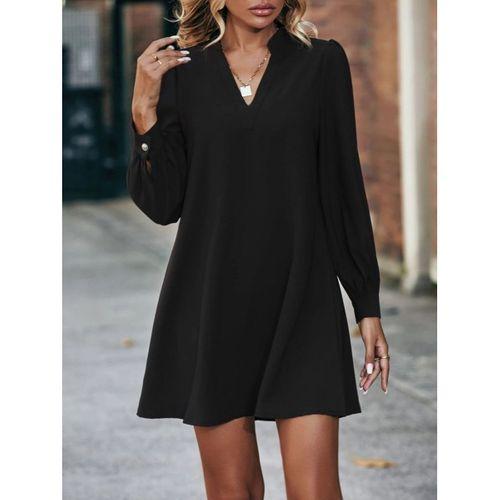 Kadın Uzun Kollu V Yakalı Arkadan Düğmeli Mini Ithal Krep Elbise
