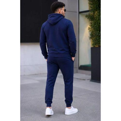 Erkek İki İplik Kapüşonlu Kanguru Cepli Sweatshirt Jogger Pantolon Alt Üst Eşofman Takımı - Lacivert