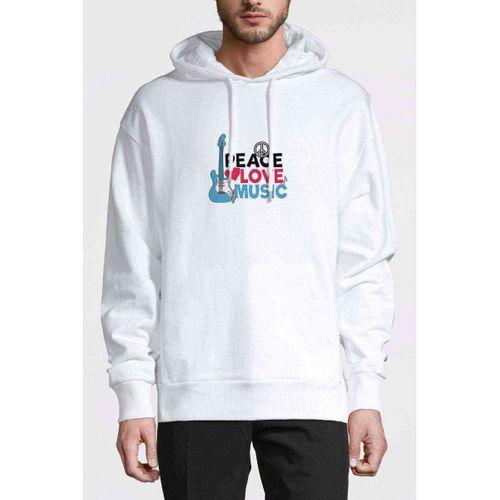 Peace Love Music Baskılı Beyaz Erkek Kapşonlu Sweatshirt