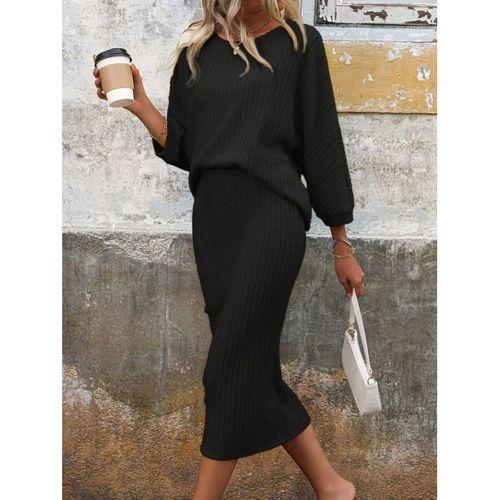 Kadın Uzun Kollu Yakası Açık Yarasa Kollu şardonlu Kaşkorse Bluz Ve Etek Takım