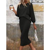 Kadın Uzun Kollu Yakası Açık Yarasa Kollu şardonlu Kaşkorse Bluz Ve Etek Takım