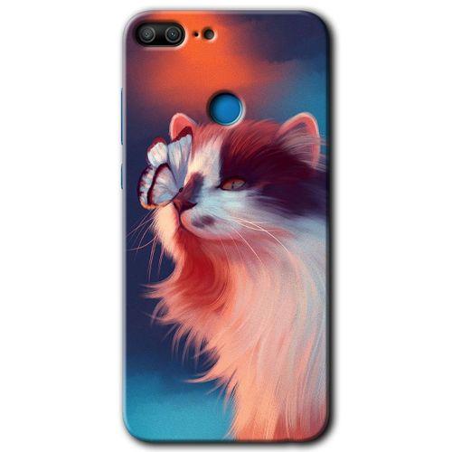 Honor 9 Lite Kılıf HD Desen Baskılı Arka Kapak - Cat Butterfly + Kırılmaz Cam
