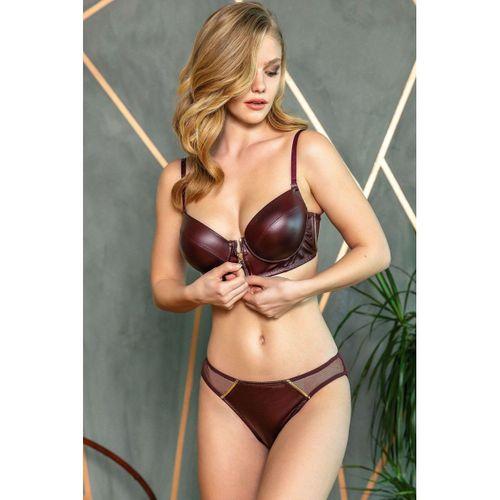 Deri Görünümlü Balenli Destekli Dolgulu Askıları Çıkabilen Ortası Fermuarlı Büstiyer Sütyen Ve Slip Takım