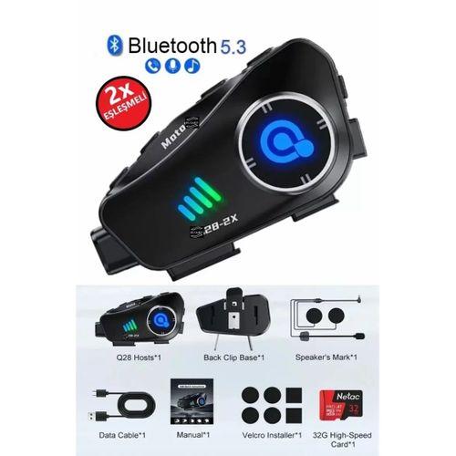 Q28 2x 2 Eşleşmeli Motosiklet Kask Bluetooth Kulaklık 1080p Kamera Su Geçirmez Intercom
