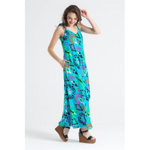 Askılı Viskon Suzan Uzun Yazlık Elbise Etnik Turkuaz Etnk trkz