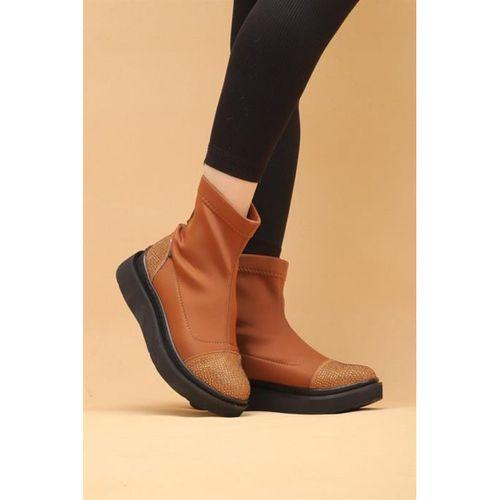 Afron Taba Renkli Taba Deri Detaylı Taşlı Siyah Taban Kışlık Kadın Bot