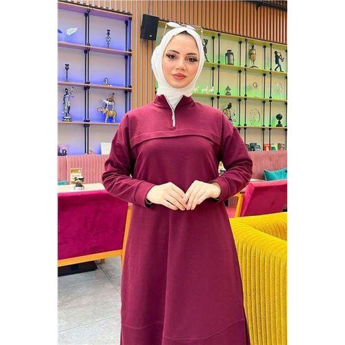Dik Yaka Kısa Fermuarlı Yırtmaçlı Sade Basic Uzun Tunik ve Pantolon İkili Spor Takım - 03062.009 - Bordo