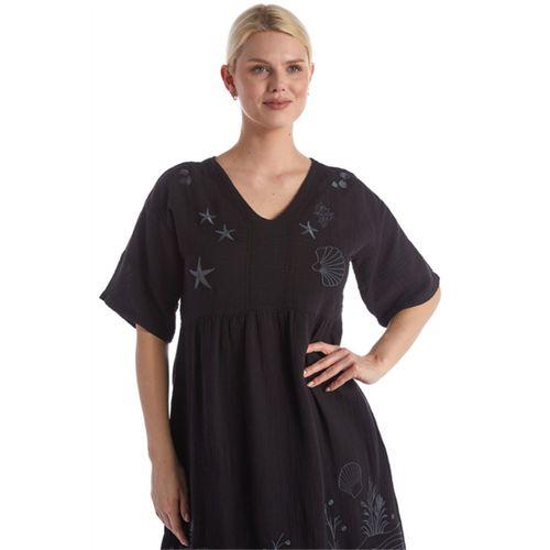 Kısa Kol Siyah V Yaka Nakışlı Midi Boy Müslin Yazlık Elbise