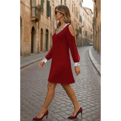 Kadın Uzun Kollu Kollar Tül V Yakalı Mini Janjan Krep Elbise