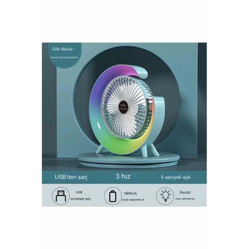 Masaüstü Vantilatör Usb Şarjlı Rgb Led Işıklı 3 Kademeli 180° Ayarlanabilir Soğutucu Fan Mavi