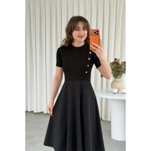 Kadın Kısa Kollu Bisiklet Yaka Gold Düğme Detay Midi Boy Elbise