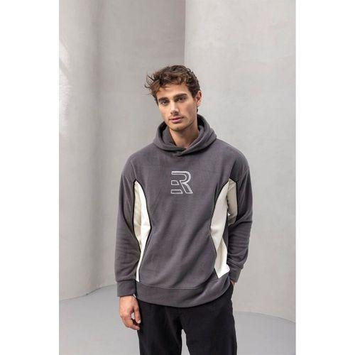 Frank Parçalı Kontrast Desenli Kapüşonlu Oversize Cepli Polar Erkek Sweatshirt - Füme