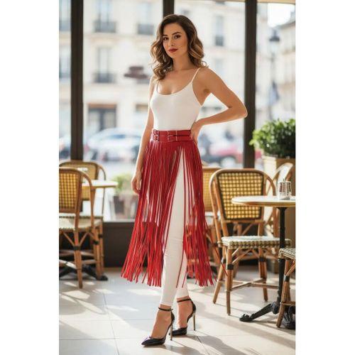 Kırmızı Etek Püsküllü Suni Deri Etek Yüksek Bel Etek - Brf1090