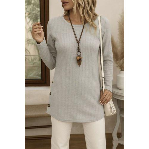 Kadın Uzun Kollu Yuvarlak Yaka Yandan Yırtmaçlı Düğmeli şardonlu Kaşkorse Bluz