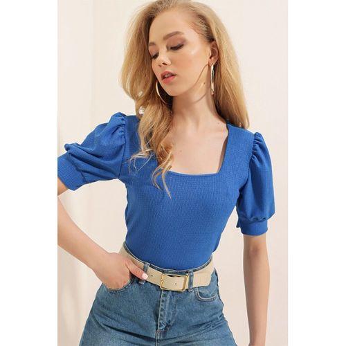 0409 Kare Yaka Örme Bluz - Saks