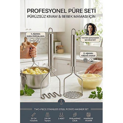 2'li Patates Ezici Seti - Çelik 25 cm Dalgalı Zigzag ve Delikli Püre Yapıcı Bebek Maması Sebze Ezme Aparatı 723540