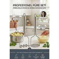 2'li Patates Ezici Seti - Çelik 25 cm Dalgalı Zigzag ve Delikli Püre Yapıcı Bebek Maması Sebze Ezme Aparatı 723540
