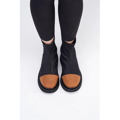 Afron Siyah Renkli Taba Deri Detaylı Taşlı Kışlık Kadın Bot