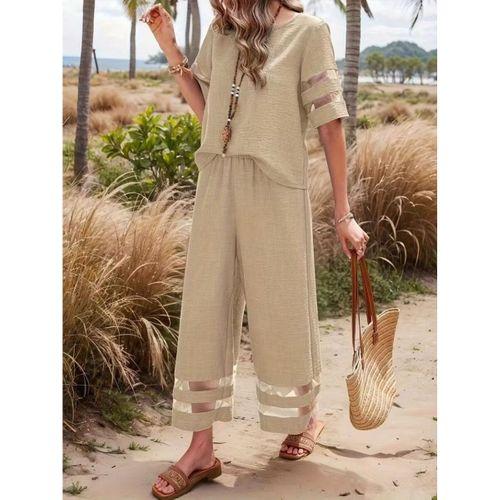 Kadın Kısa Kollu Bisiklet Yakalı Tül şerit Detaylı Bluz Ve Pantolon Ikili Takım