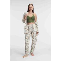 İp Askılı V Yaka Çiçek Desenli Yazlık Dokuma Dantel Detaylı Sabahlık Pijama Takımı