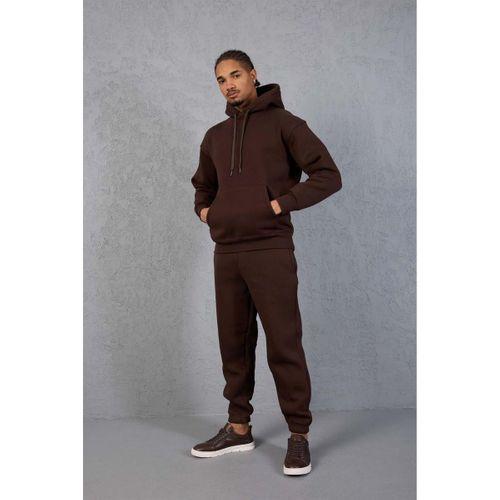 Şardonlu Kanguru Cepli Sweatshirt - 3 İplik Şardonlu Lastik Paça Erkek Eşofman Altı- Eşofman Takımı - Kahve