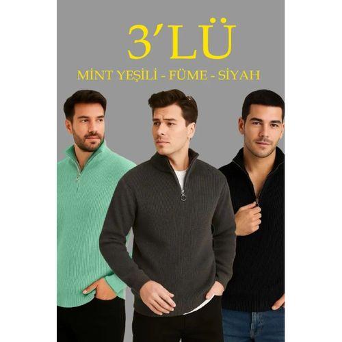 Erkek Fitilli Triko Kazak 3’lü Set – Mint Yeşili, Siyah, Füme Kalın Dokuma Pamuklu Regular Fit V Yaka Fermuarlı Uzun Kollu Rahat Kışlık Kazak Kombini