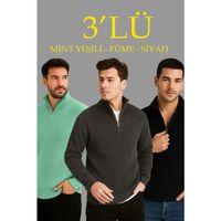 Erkek Fitilli Triko Kazak 3’lü Set – Mint Yeşili, Siyah, Füme Kalın Dokuma Pamuklu Regular Fit V Yaka Fermuarlı Uzun Kollu Rahat Kışlık Kazak Kombini