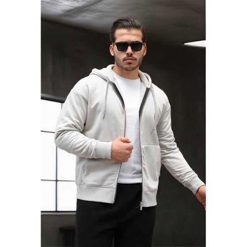 İçi Peluş Üç İplik Kumaş Oversize Fermuarlı Kapüşonlu Sweatshirt- Mineral Gri