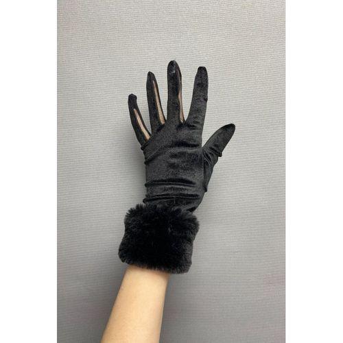 Siyah İpek Kadife Kürklü Eldiven