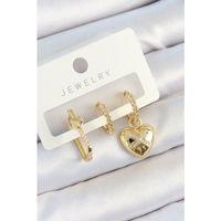Pirinç Zirkon Taşlı Kalp Model Gold Renk 3'lü Çift Kadın Küpe Set - TJ-BKP10822