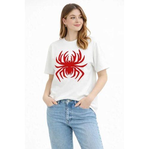Örümcek Baskılı Tişört Kısa Kollu Bisiklet Yaka T-Shirt - Beyaz