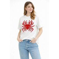 Örümcek Baskılı Tişört Kısa Kollu Bisiklet Yaka T-Shirt - Beyaz